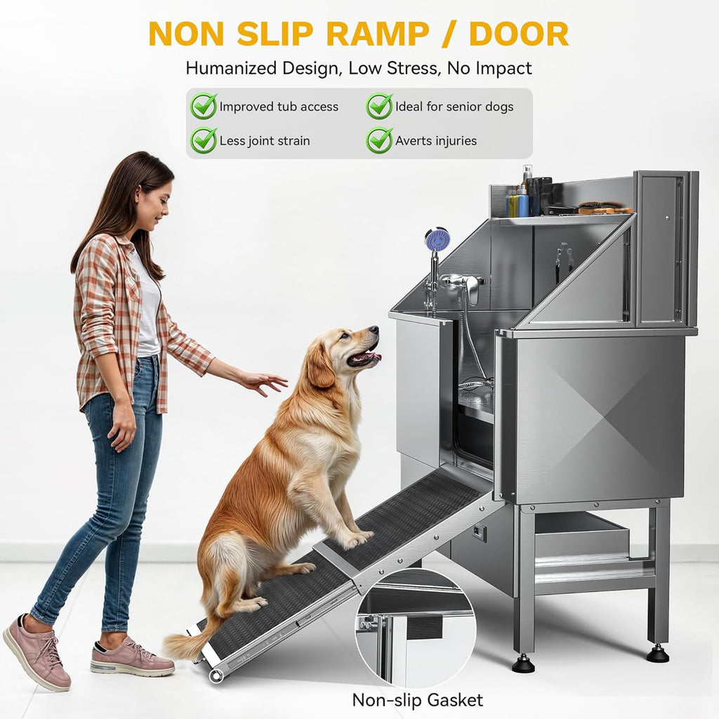 DWVO Professional Dog Bathing Station Stainless Steel 304 Dog Bathtub 50in for Grooming w/Left Door Ramp, 2 Storage Drawers, Faucet, Grate, Pet Washing Station for Large, Medium, Small Pets