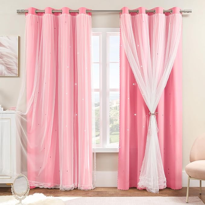 XiDi Pink Curtains for Girls Bedroom 80% Blackout Double Layer Curtains with Sheer Overlay for Nursery Kids Room Star Pink Drapes with Tiebacks Grommet Window Treatment 2 Panels W34 X L72