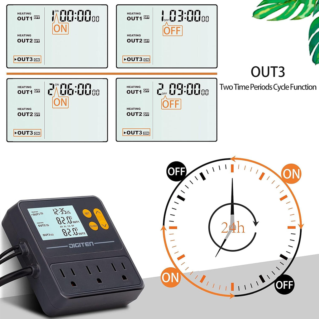 DIGITEN Reptile Temperature Controller with Timer Day-Night,3-Stage Outlet Thermostat Cooling Heating Mode Temperature Controlled for Ball Pythons,Mushroom,Fermentation,Bearded Dragon