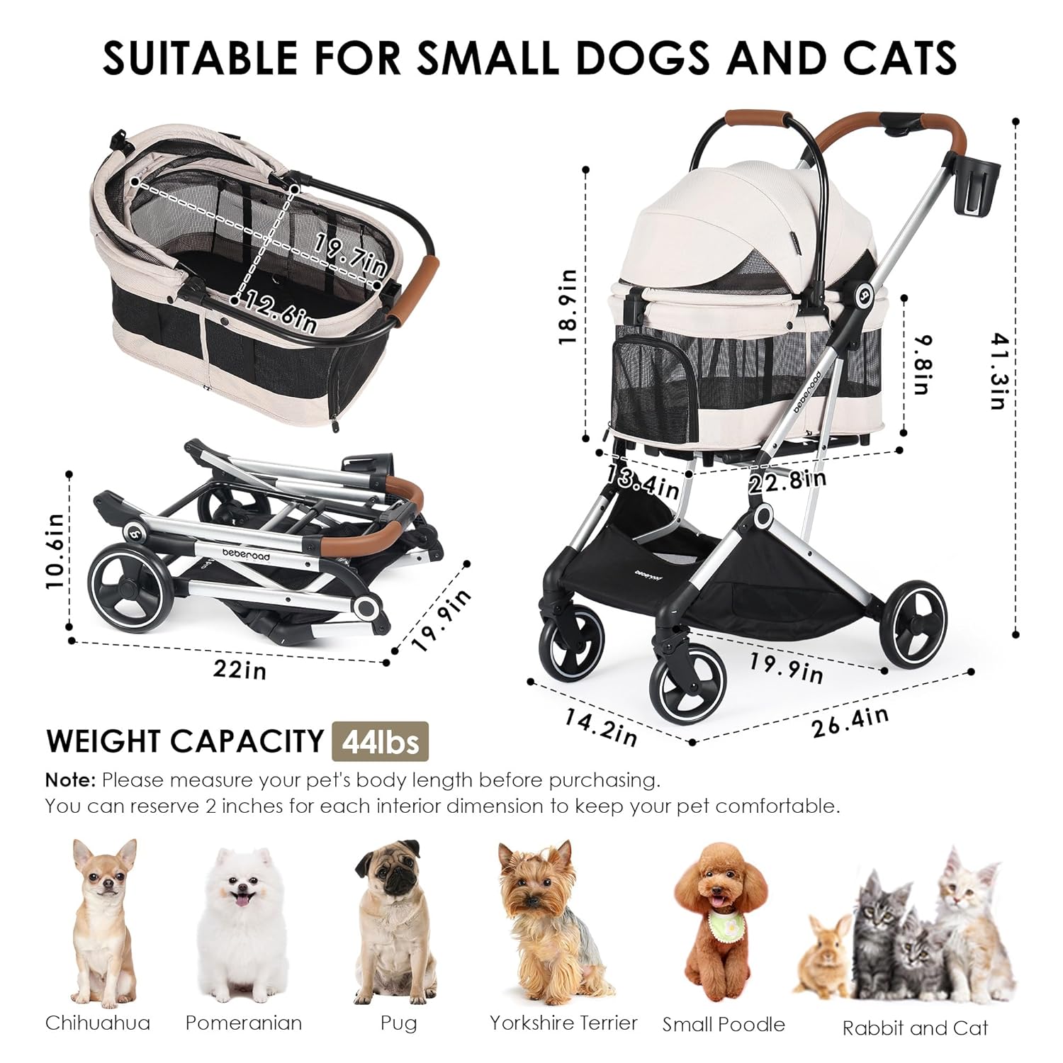 T3 Pro 3-in-1 Small Pet Stroller for Dog & Cats, 4 Wheels with Detachable Carrier with Pad, Canopy and Cup Holder, Beige & Net Wall