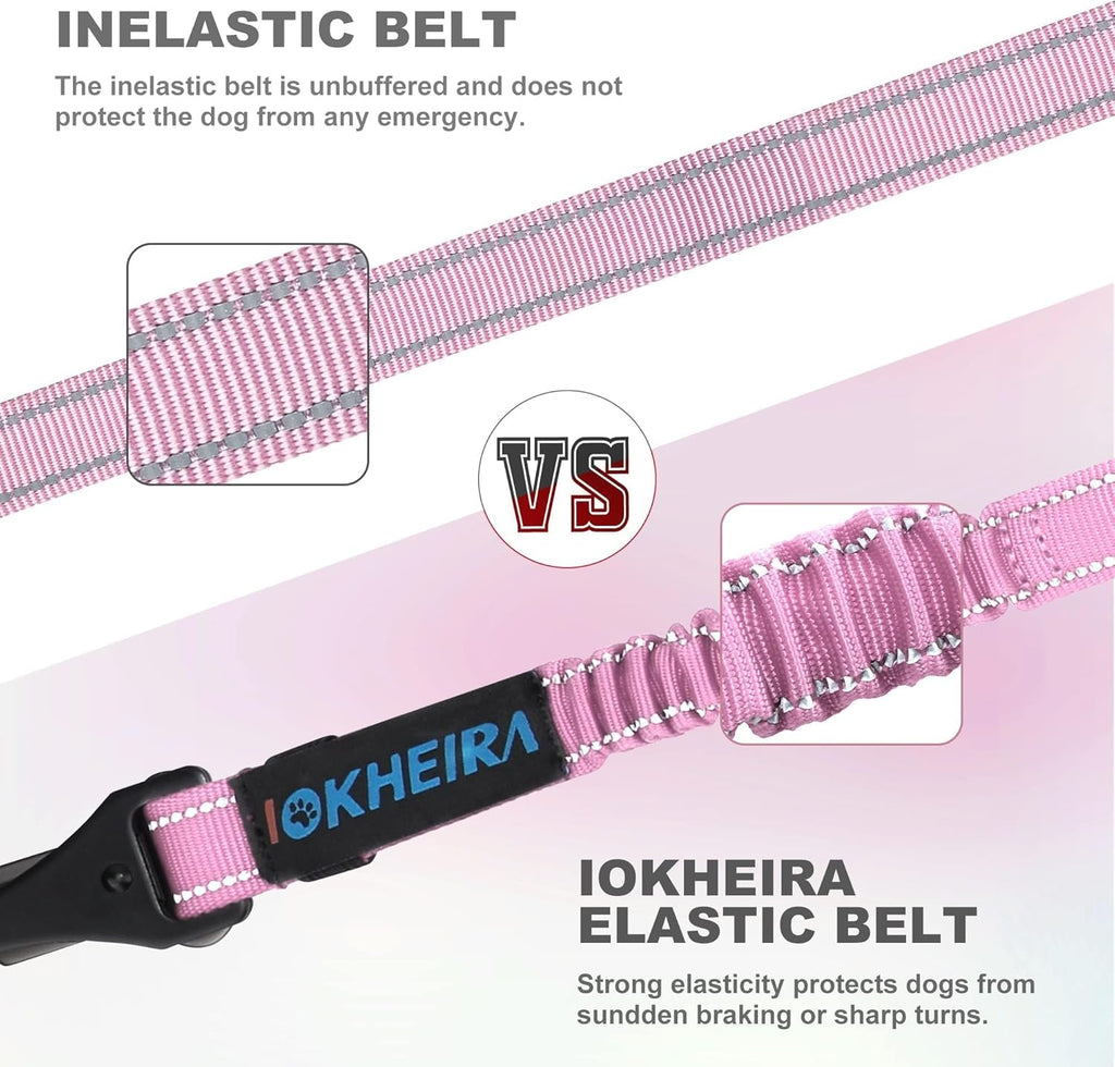 IOKHEIRA Dog Seat Belt 3-in-1 Car Harness for Dogs Adjustable Safety Seatbelt for Car Nylon Reflective Bungee Fabric Dog Car Harness with Clip Hook Latch & Buckle, Swivel Zinc Alloy Carabiner (Pink)