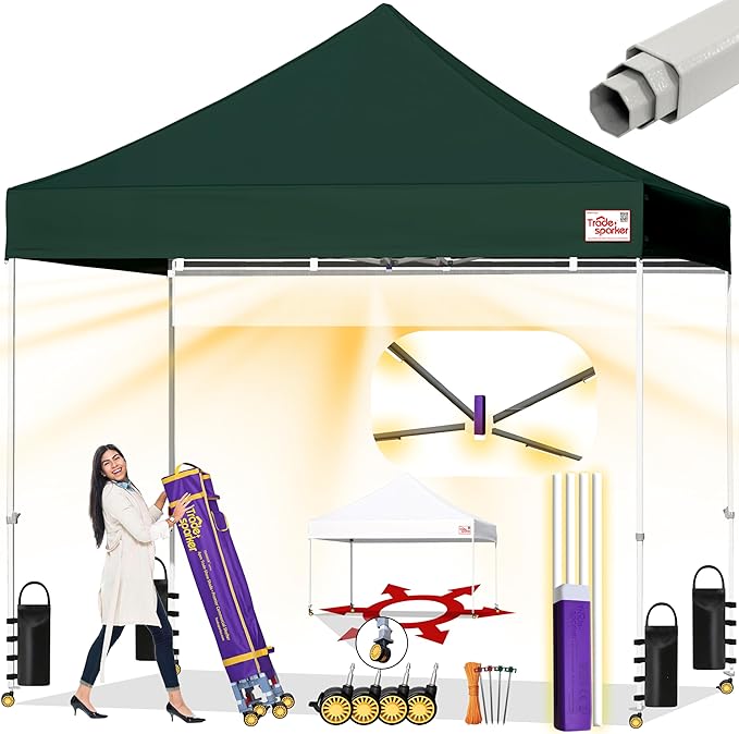 Tradesparker 8x8 Pop Up Canopy Tent,Commercial Movable Canopy with ApexCore LED&Rugged Casters-Instant Easy Setup Shelter Canopies with Weight Bags&Stakes for Oudoor Events Markets,Forest Green