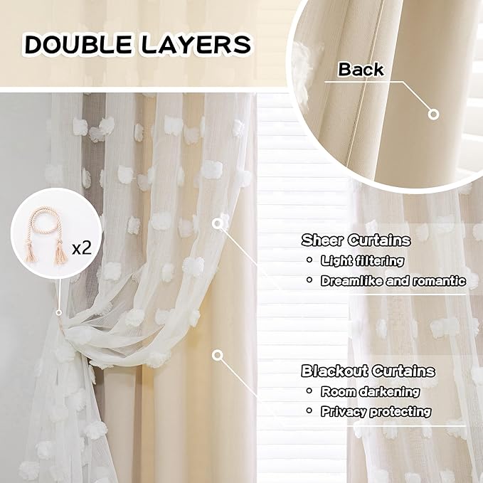 MYSKY HOME Beige Curtains for Living Room 90 Inches Long Nursery Curtains for Bedroom Double Layer Curtains White Pom Pom Sheer Curtains for Dining Room Grommet Room Darkening Window Panels W52 X L90