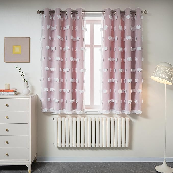 MYSKY HOME Pink Curtains for Girls Bedroom 54 Inches Long Kids Curtain with White Pom Pom Sheer Short Curtains for Windows 2 Layered Drapes Grommet Room Darkening Nursey Curtain, 2 Panels, W52 X L54