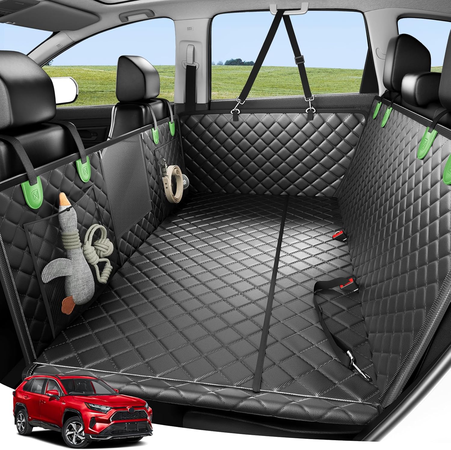 Zanch 2025 Upgraded Dog Car Seat Cover, 400 lbs Heavy Duty Hard Bottom, Waterproof & Anti-Scratch Back Seat Protector, Nonslip Pet Hammock Extender Cars, SUV, Trucks, Standard-Green