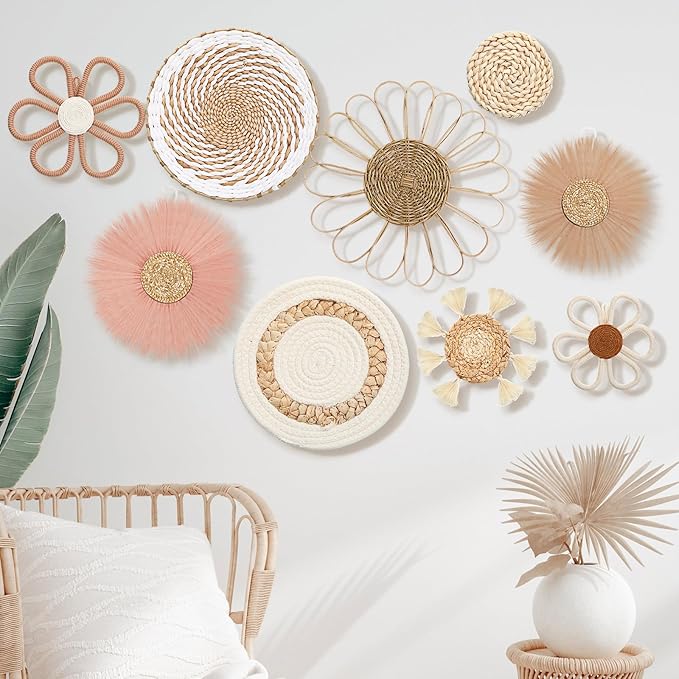 Chunful 9 Pcs Boho Nursery Wall Decor Daisy Flower Woven Macrame Seagrass Rattan Basket Wall Hanging Bohemian Decorations Gifts for Home Dorm Art Farmhouse Bedrooms Living Room(Pink Brown)