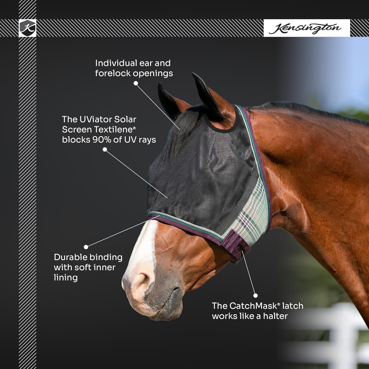 Kensington 90% UV Fly Mask Halter CatchMask UViator - Without Ears & Forelock Freedom Web Trim *Roomy Fit*- X-Large, Imperial Jade
