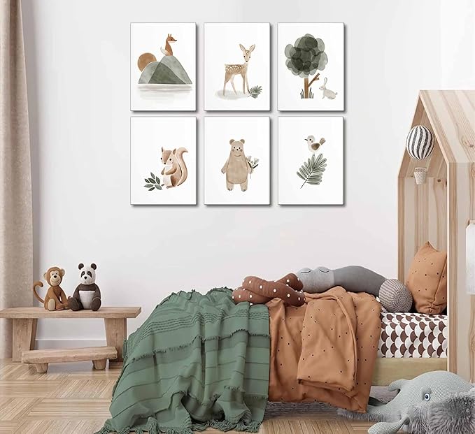 6 Pieces With Woodland Nursery Canvas Wall Art Neutral Sage Green Bohemian Minimalist Forest Animals Paintings Pictures Wall Decor Poster Print Artwork For Kids Room Baby Room Boys Girls Bedroom