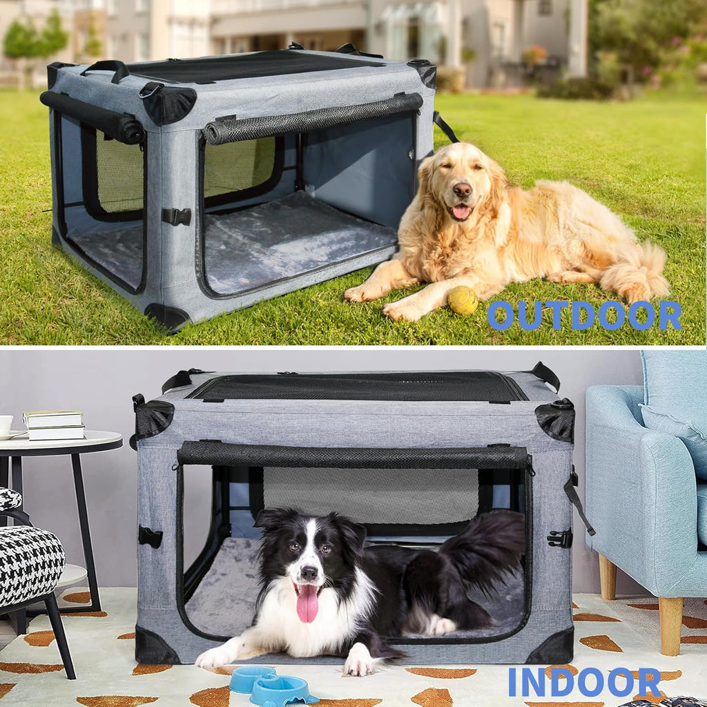 NEZUC Soft Collapsible Dog Crate - 30 Inch Portable Soft Sided Travel Dog Crates for Medium Dogs, 4-Door Foldable Dog Carrier, Pet Kennel Indoor & Outdoor (Gray, 30.0" L x 20" W x 20.0" H)