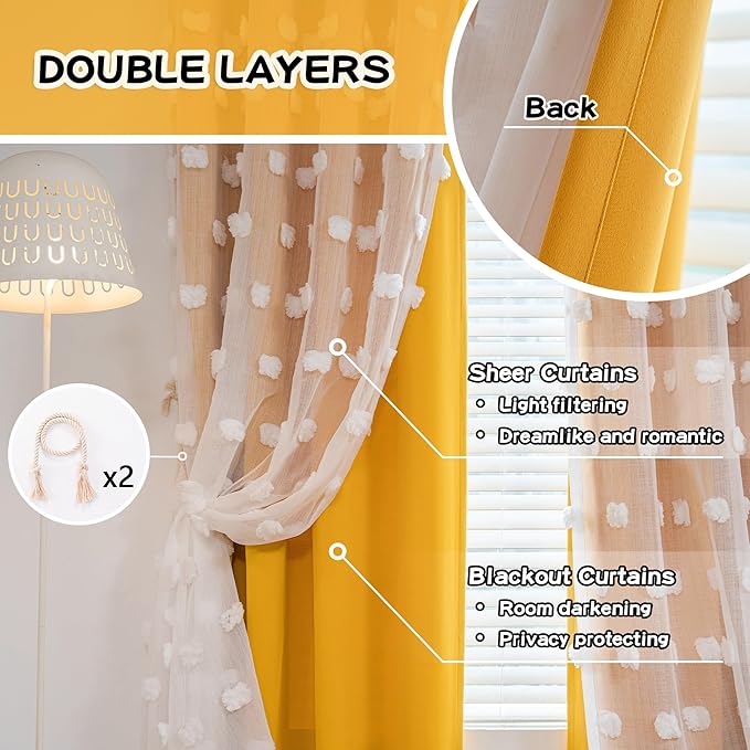 MYSKY HOME Yellow Curtains for Bedroom 54 Inch Long Double Layer Curtains for Kids Room Kithen White Pom Pom Sheer Nursery Curtains Grommet Room Darkening Small Window Curtains 2 Panels 52" x 54"