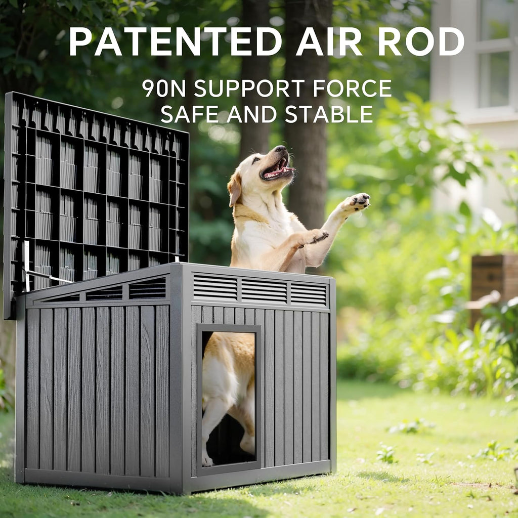 Dog House Indoor Outdoor,Resin Waterproof Puppy Shelter with Air Vents and Elevated Floor,Air Rod on Top to Open,Dog Kennel for Small to Medium Dogs(Grey,32.2 * 25.12 * 24.13)