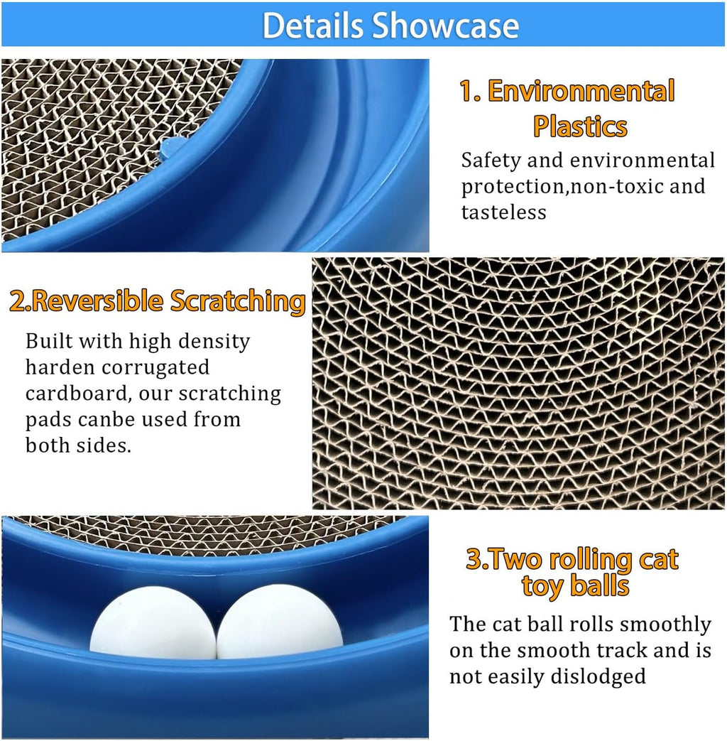 Interactive Cat Ball Track Toy for Indoor Cats, Cat Scratching Board & Exercise Set for Bored Indoor Adult and Kitten Mental & Physical Stimulation, with Spare Ball to Prevent Loss (Blue)