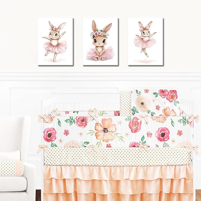 Baby Girl Nursery Wall Decor, Easter Nursery Canvas Wall Art Paintings Set of 3, Cute Animal Pink Bunny Posters Prints Pictures for Boys and Girls Room, Bedroom, Home Decor 12x16 In Framed
