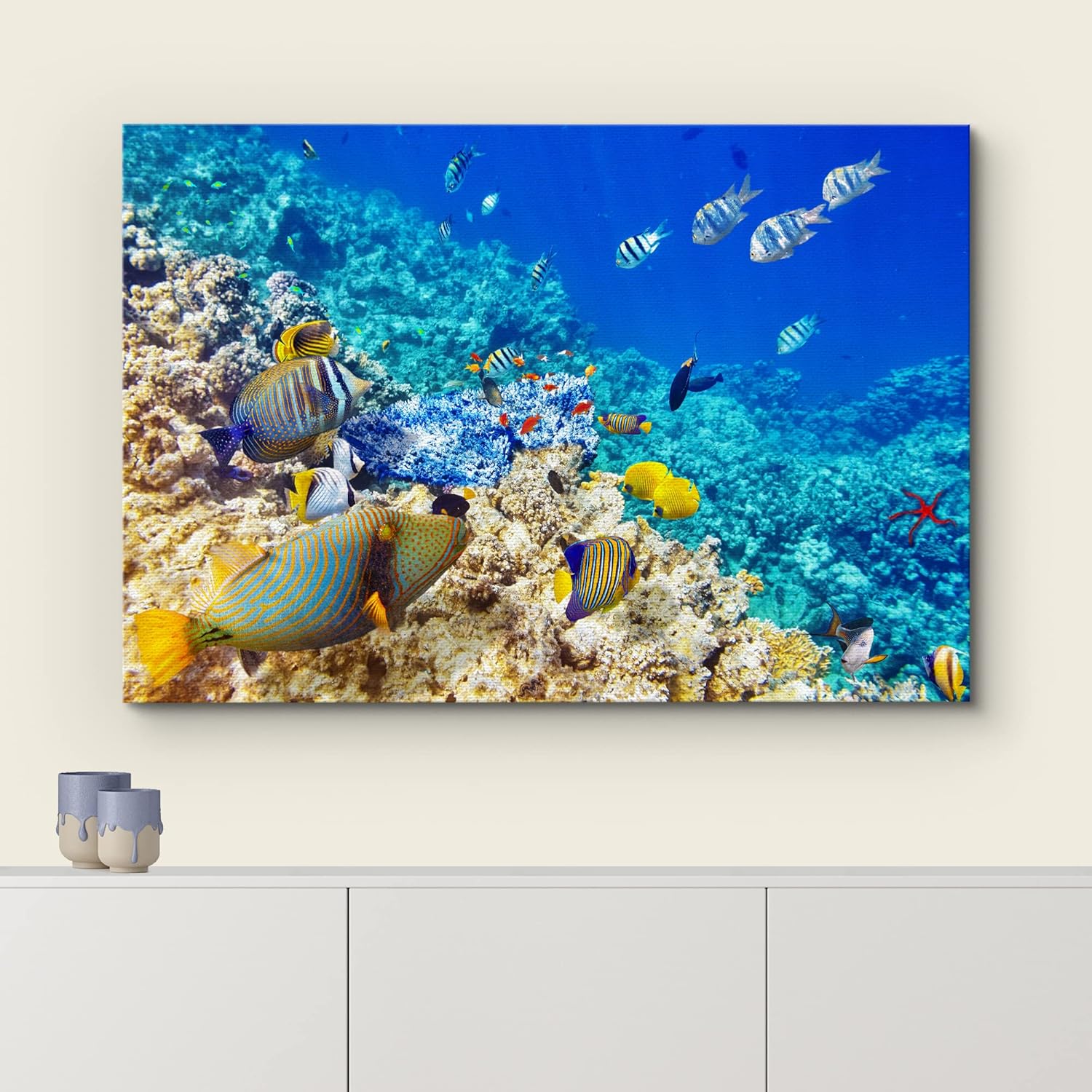 wall26 Canvas Print Wall Art Underwater Neon Blue Teal Ocean Water Fish Nature Animals Photography Realism Rustic Scenic Landscape Wilderness Earth for Living Room, Bedroom, Office - 12"x18"