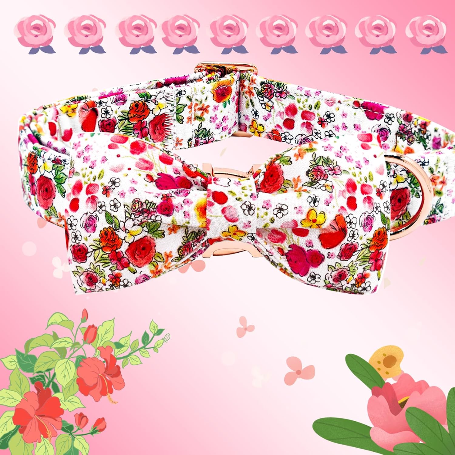 Elegant little tail Dog Collar, Pink Rose Print Pet Collar Summer Dog Collar Durable Metal Buckle Dog Collars Cotton Pet Adjustable Dog Collars for Large Dogs