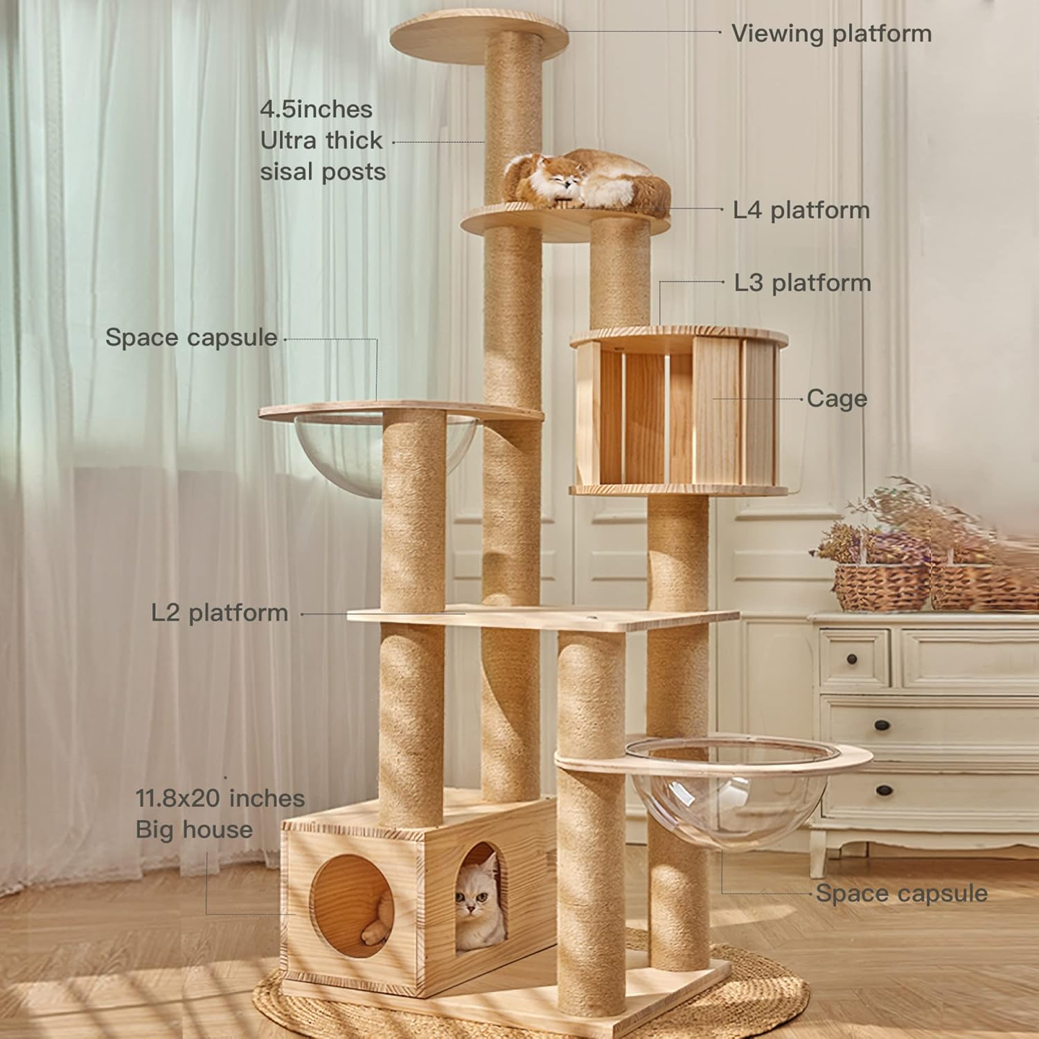 Modern Multi-Level Large Real Solid Wood Cat Tree, Luxury Wooden Cat Tower Cat Condo with Multi-Layer Platform for Indoor Cats