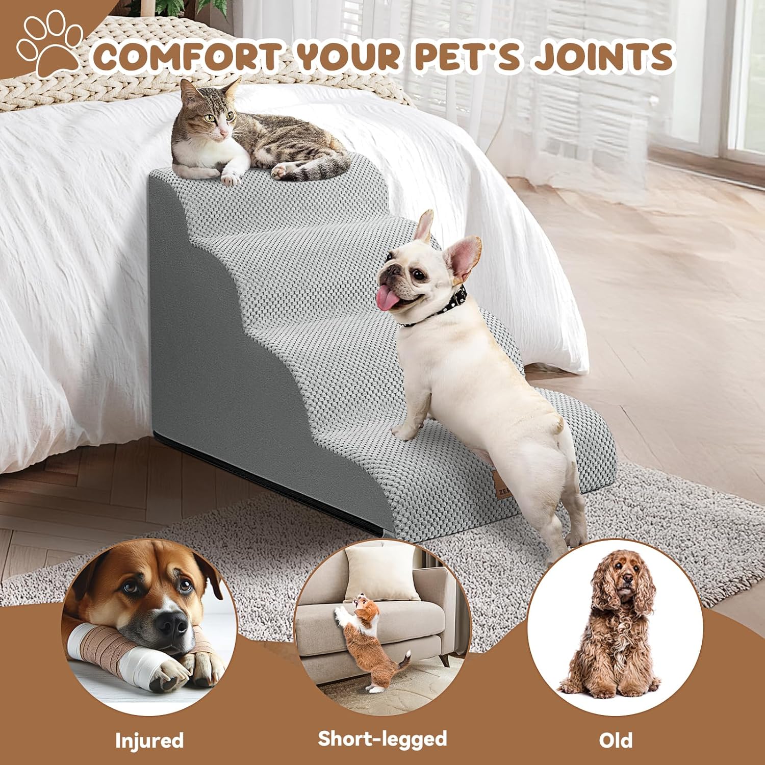 Dog Ramp and Stair for Bed 16" H-20 H,3-Step Cat Stair for Sofa and Chair,4-Step Dog Ramp for High Bed and Window,Durable Nonslip Fabric Cover for Indoor (Light Grey-20 H, Pet Friendly, 4)