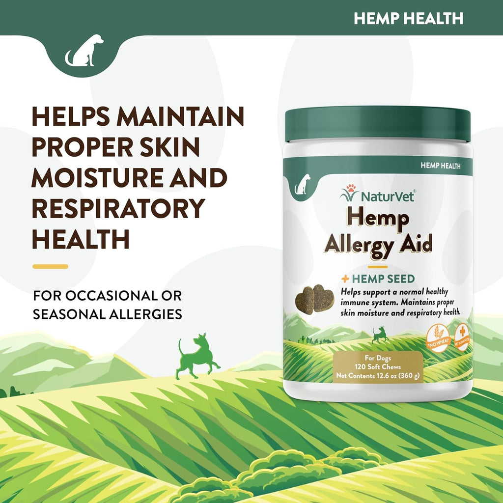 NaturVet Hemp Allergy Aid Supplement for Dogs, Hemp Seed, Antioxidants, Omegas, Dha & Epa for Healthy Skin & Respiratory Health, 120 Count