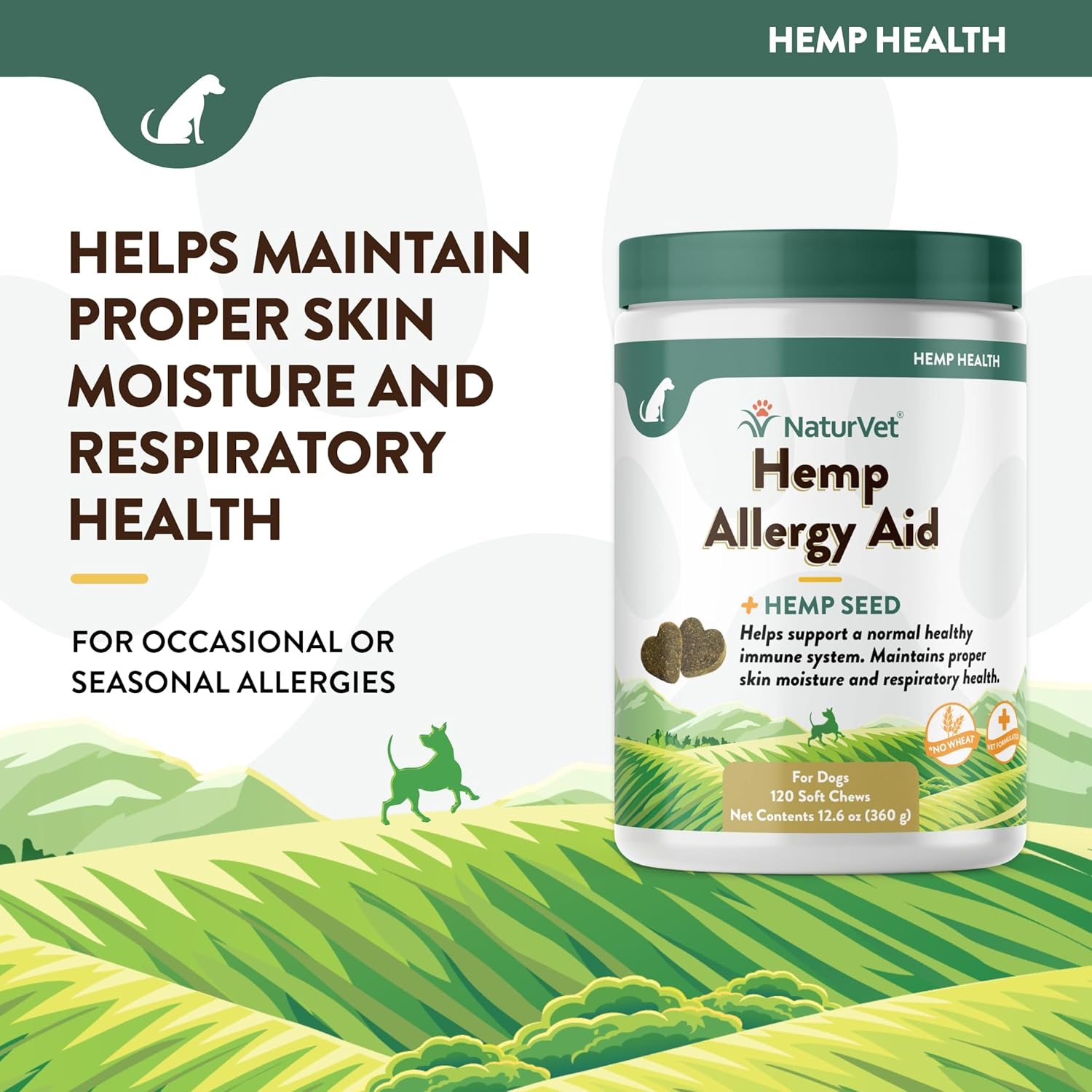 NaturVet Hemp Allergy Aid Supplement for Dogs, Hemp Seed, Antioxidants, Omegas, Dha & Epa for Healthy Skin & Respiratory Health, 120 Count
