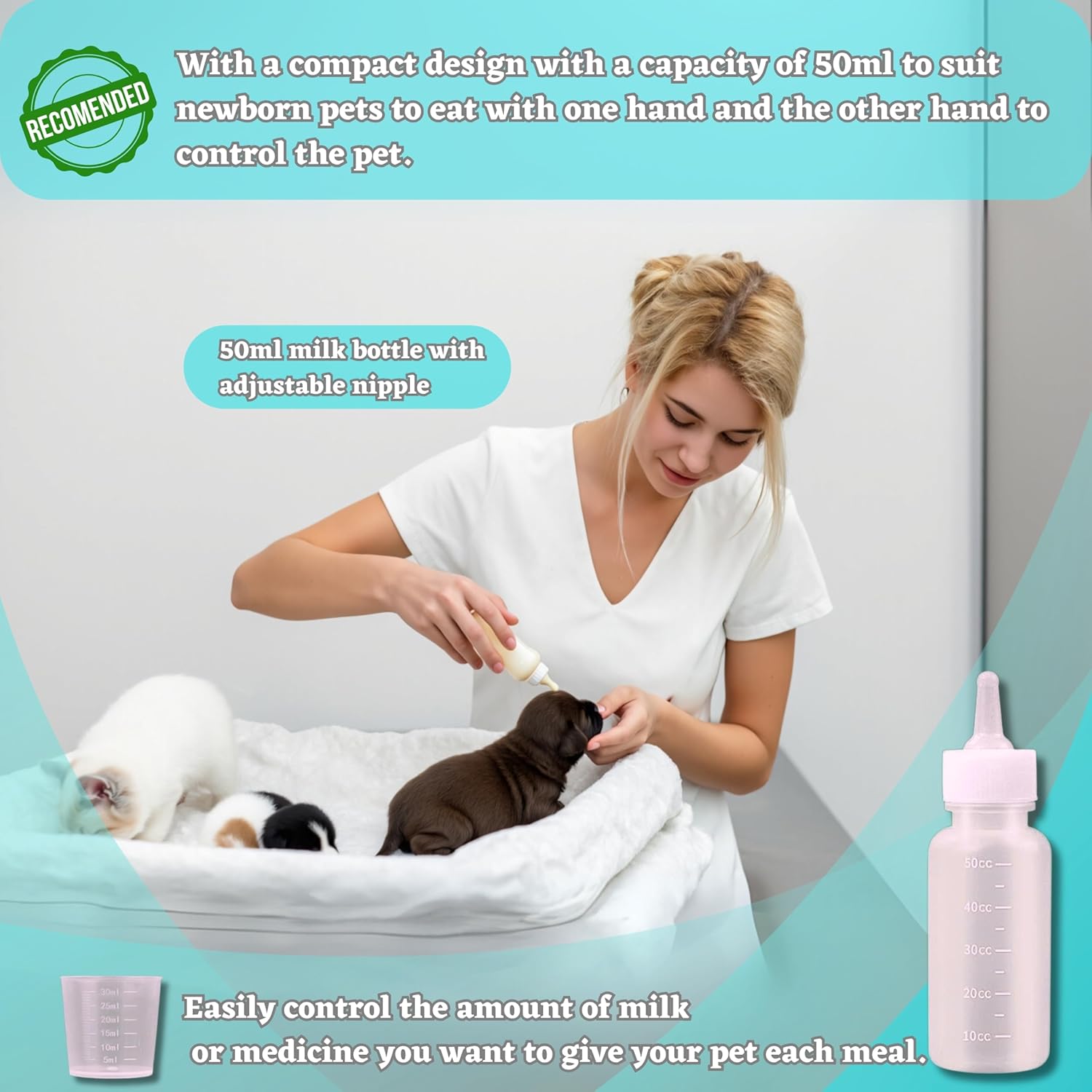 Newborn & Senior Pet Feeding Kit, Kitten/Puppy Bottle (50ml), Syringe with Silicone Nipple, Oral Dosing Syringe, Soft BPA-Free Nipples, Medicine Dispenser & Travel Case for Cats Dogs Rabbits Squirrels
