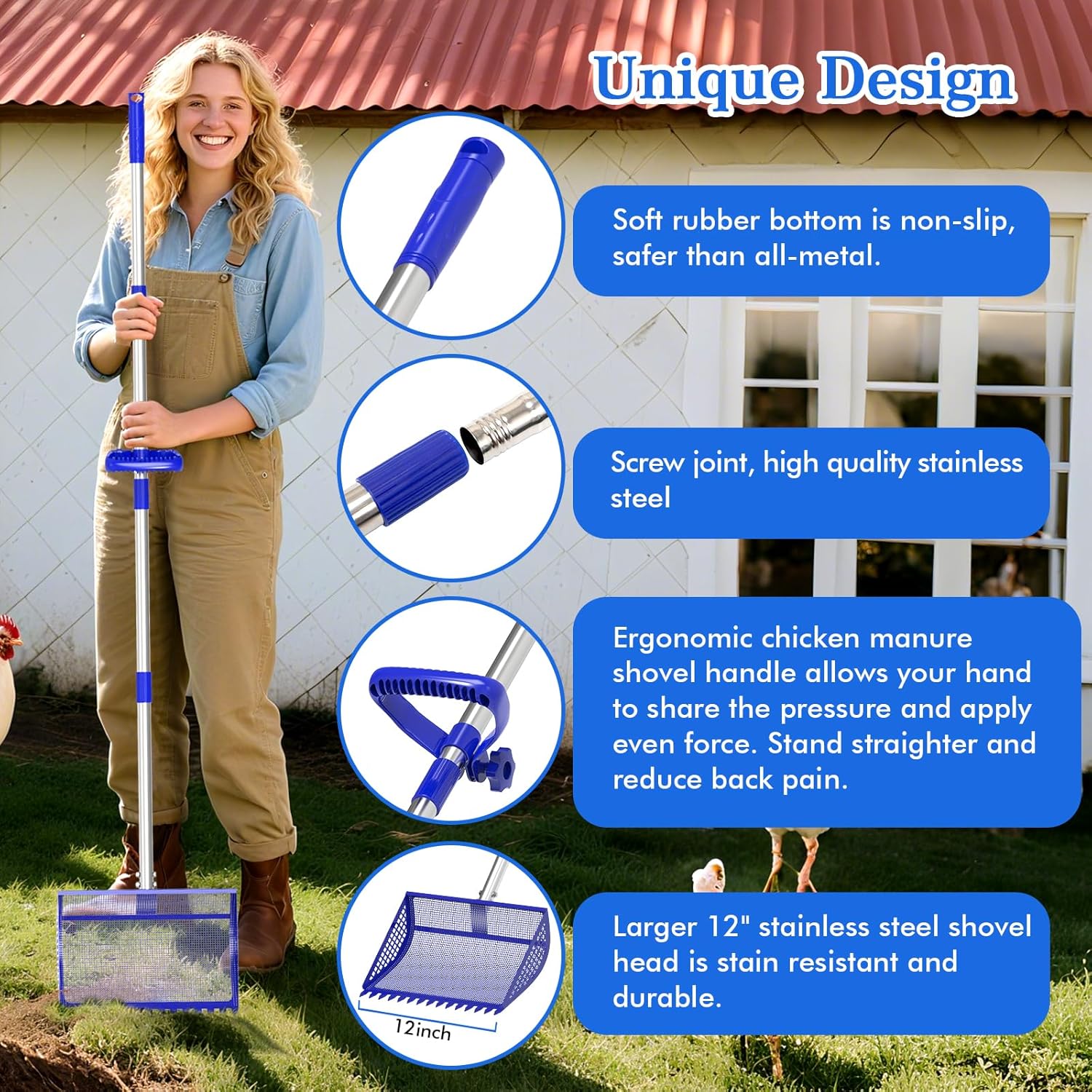 12 Inch Chicken Poop Scooper & Rake 2-in-1, Large Metal Shovel Head, Rubber Handle Stainless Steel Chicken Litter Scoop for Chicken Coops, Litter Screening Scoop (35 to 65in) US Patent Pending (Blue)