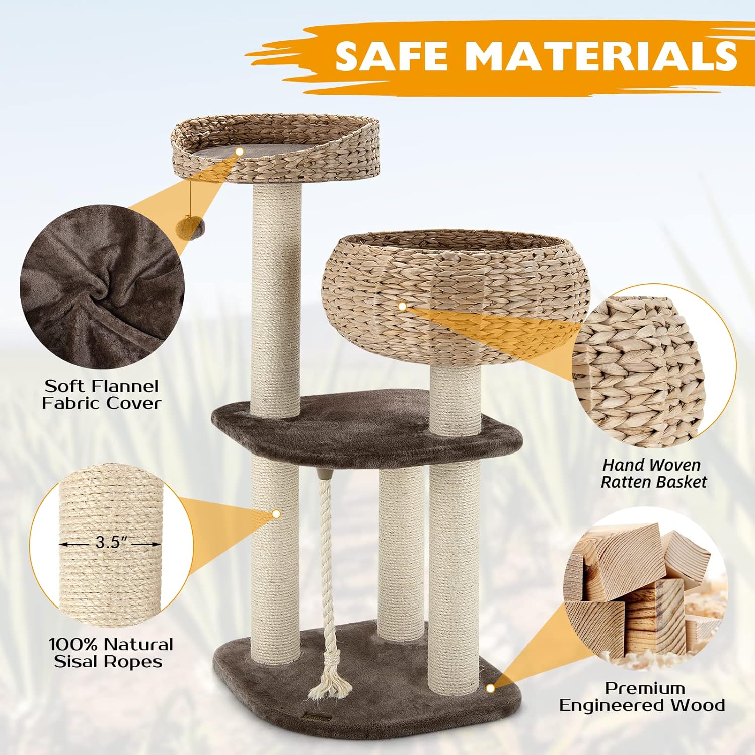 Tangkula Modern Cat Tree for Indoor Cats, Small/Tall Cat Tower with Natural Sisal Scratching Post, Hand-Made Wicker Cat Condo & Top Perch, Funny Hanging Toy Ball, Cute Cat Tree Tower for Large Cats