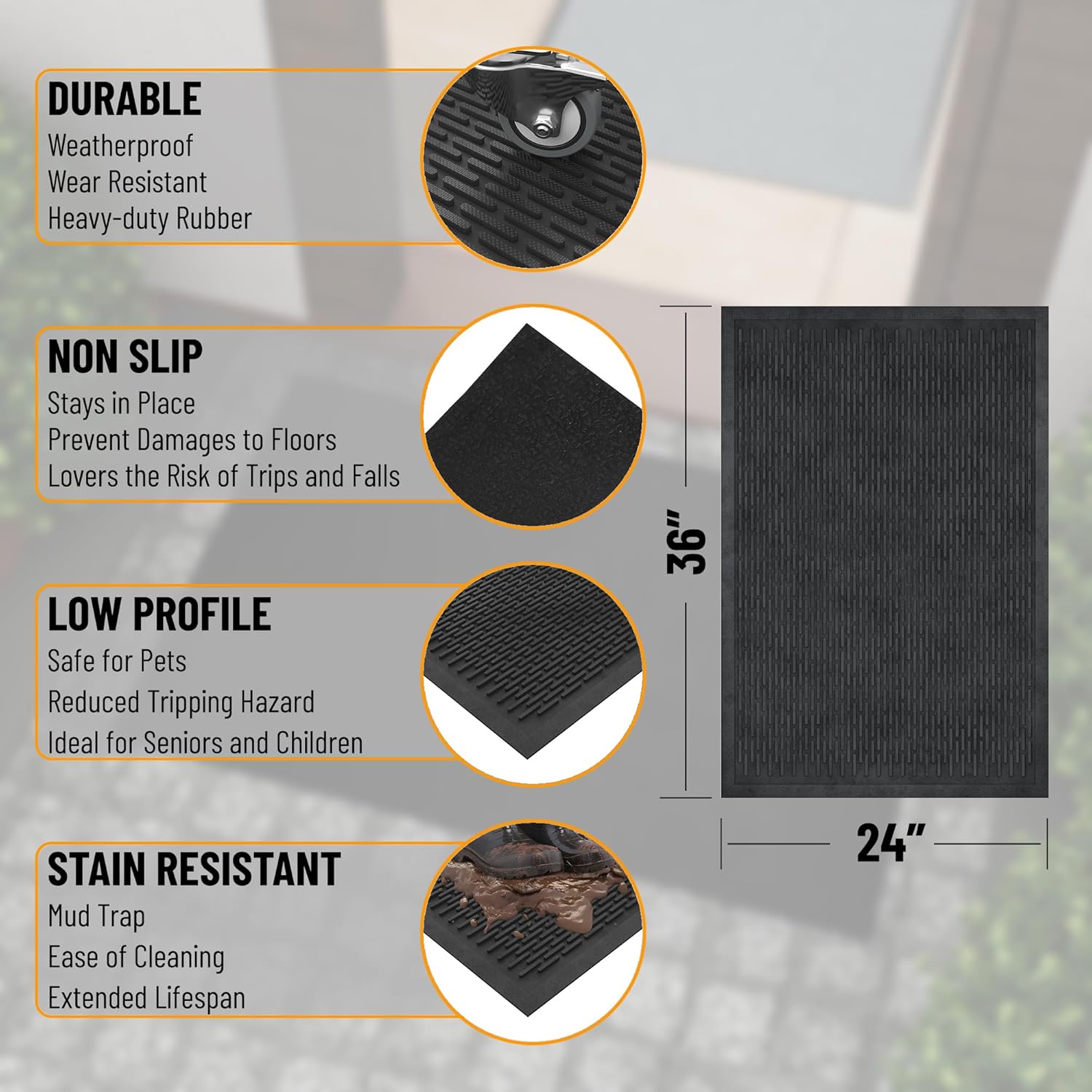Indoor/Outdoor Hose-Wash Ribbed Design Non-Slip Rubber 2x3 Modern Entryway Mat for Entryway, Patio, Backyard, Garage, 24" x 36", Black Ribbed