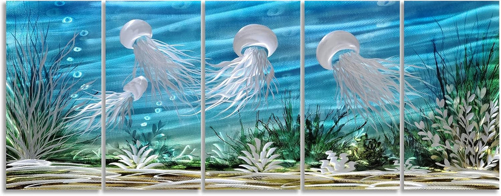 SYGALLERIER Coastal Metal Wall Art Handcrafted 3D Jelly Fish Aluminum Artwork Modern Sea World Pictures Contemporary Abstract Sculpture for Living Room Bedroom Bathroom Decor