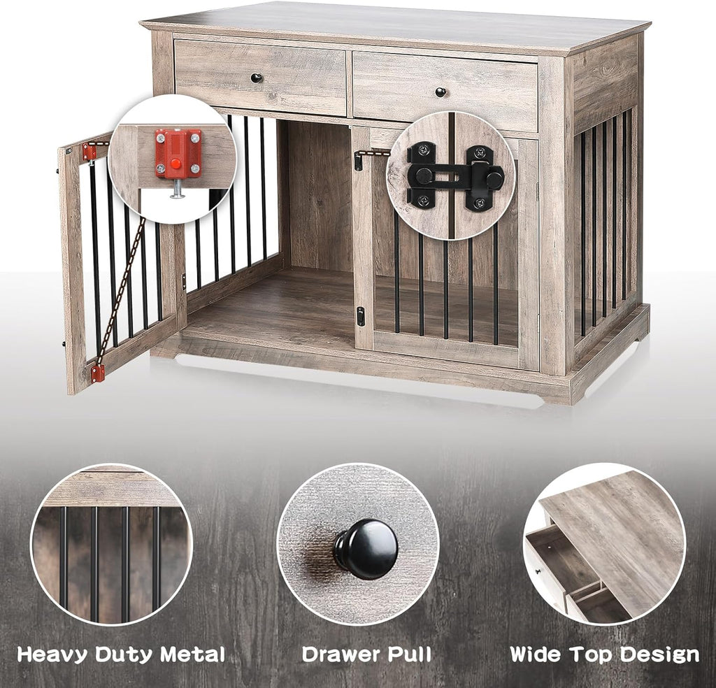 LEMBERI 44 Inch Large Dog Crate Furniture, Wooden Dog Kennel End Table with Storage Drawers, Decorative Pet Cage Dog House Indoor for Dogs