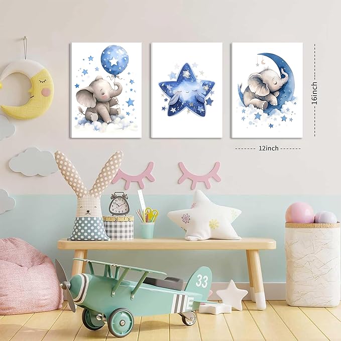 Baby Boy Nursery Canvas Wall Art Set of 3, Blue Elephant Moon and Stars Picture Wall Decor Painting, Cute Animal Baby Girl Nursery Posters Prints for Kids Room Bedroom 12x16 In Framed