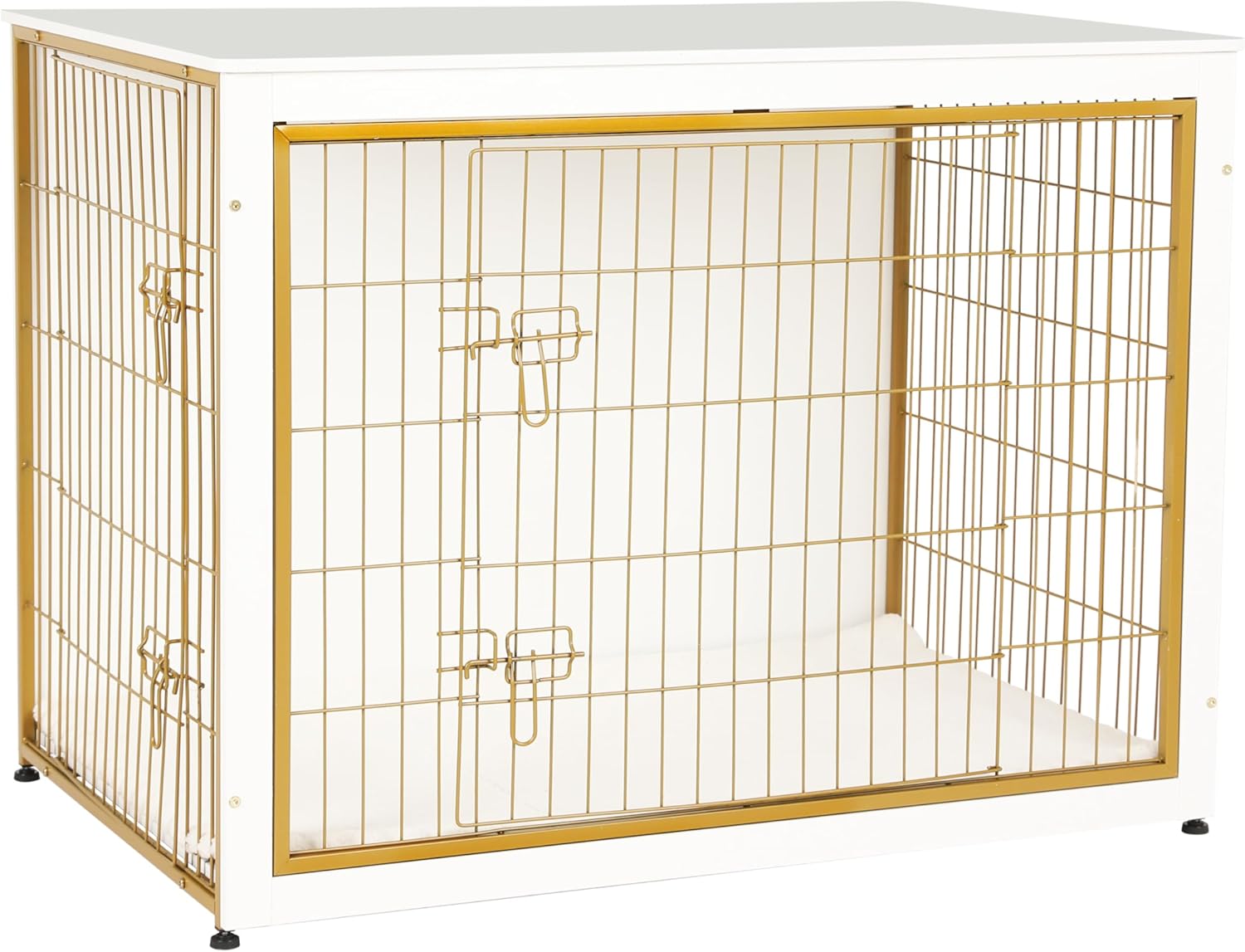 DWANTON Dog Crate Furniture with Cushion, Wooden Kennel Table with Double Doors, Indoor Dog House, Extra Large Size, 43.3" L, White+Gold