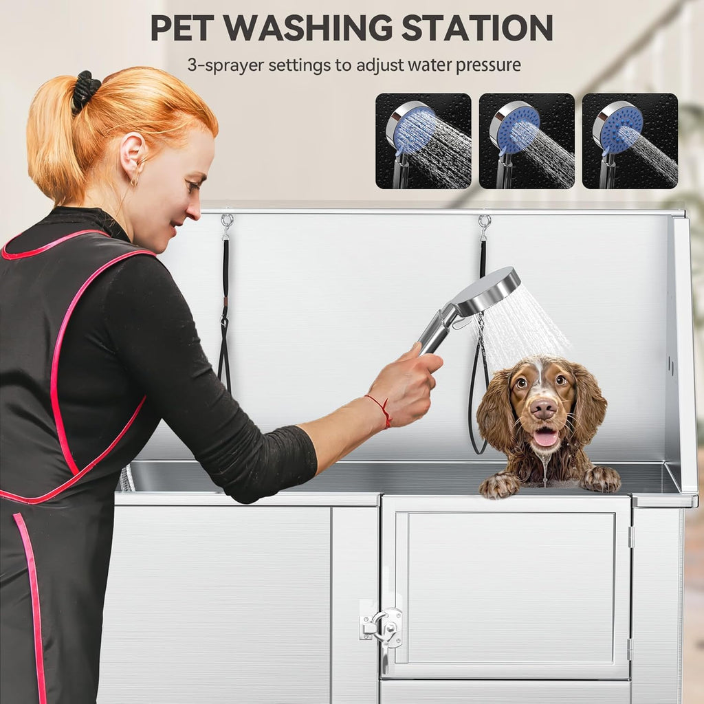 YITAHOME Dog Grooming Bathtub, Professional Stainless Steel 304 Dog Bathing Station w/Right Ramp, Faucet, Floor Grate, 50in Pet Washing Station for Large, Medium, Small Pets