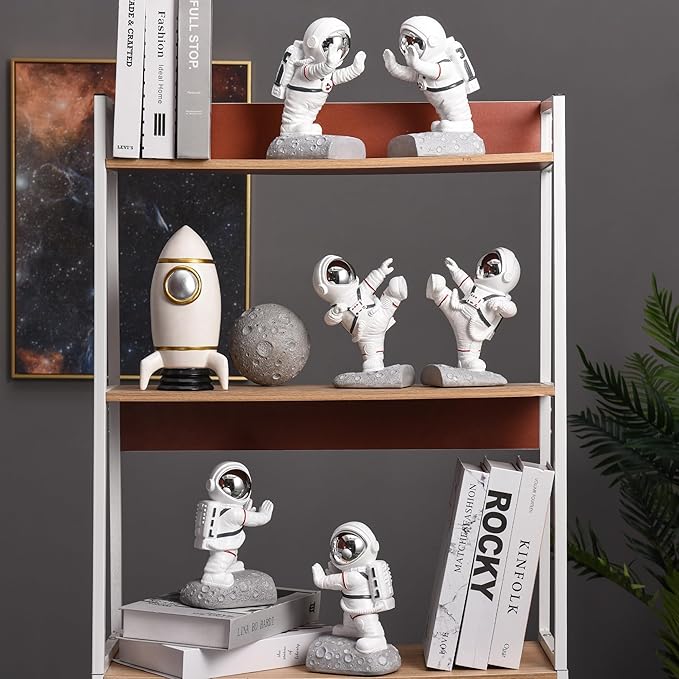 White Book Ends for Kids, Upgraded Astronaut Bookends Resin Spaceman Book Holders for Shelves Sturdy Book Stopper Book Ends to Hold Books Unique Outer Space Book Shelf Ends(F2-Silver Color)