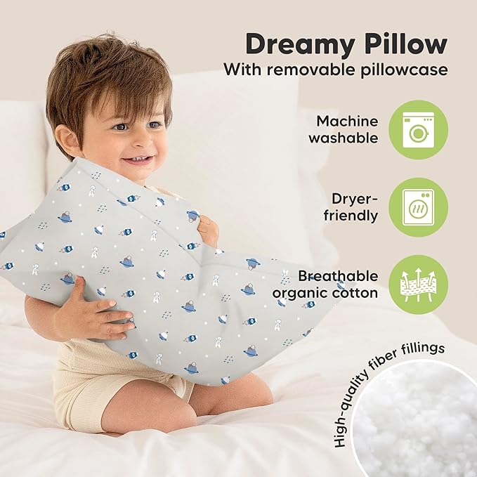 Toddler Pillow with Pillowcase - 13x18 My Little Dreamy Kids Travel Bed Pillows for Sleeping, Organic Cotton Small Pillowcase, Soft & Breathable, Machine Washable, Toddlers 2-5 Years Old (Cosmo)