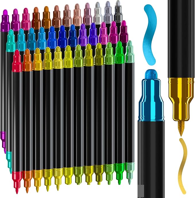 ARTISTRO 36 Metallic Acrylic Paint Markers for Rock, Fabric, Wood, Glass, Craft, Decoration - Dual-Tip Paint Pens - Stocking Stuffers, Christmas Gift Idea for Teens, Grandkids, Kids - Art Supplies