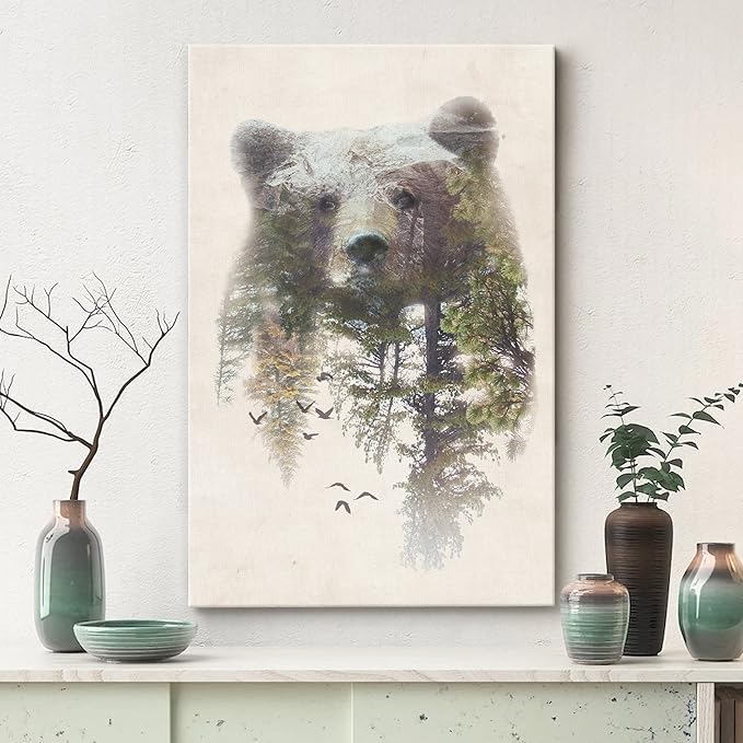 SIGNWIN Canvas Wall Art Bear and Spring Forest Double Exposure Photography Animals Wildlife Digital Art Modern Art Rustic Portrait Edgy for Living Room, Bedroom, Office - 12x18 inches