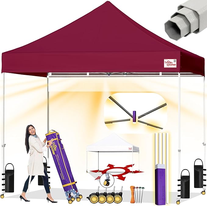 Tradesparker 10x10 Pop Up Canopy Tent,Commercial Movable Canopy with ApexCore LED&Rugged Casters-Instant Easy Setup Shelter Canopies with Weight Bags&Stakes for Oudoor Events Markets Vendors,Burgundy