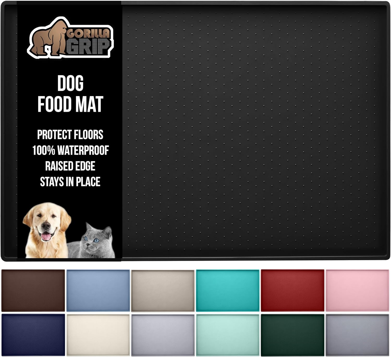 GORILLA GRIP 100% Waterproof Raised Edge BPA Free Silicone Pet Feeding Mat, Dog Cat Food Mats Contain Spills Protects Floors, Placemats for Cats and Dogs Water Bowl, Pets Accessories 18.5x11.5 Black