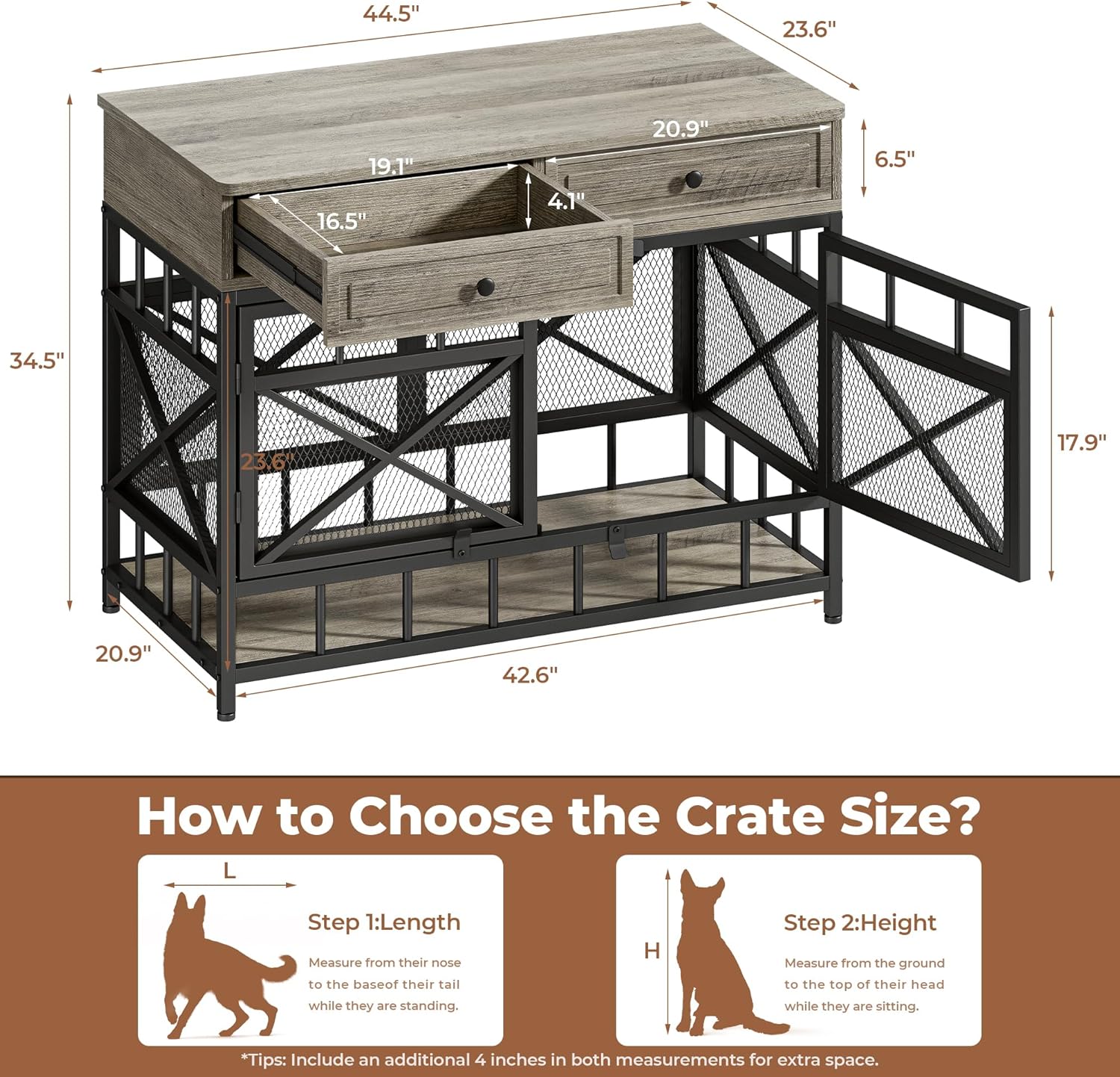 IRONCK 44 inch Large Dog Crate Furniture, Wooden Dog Kennel with Storage Drawers for Medium/Large Dogs, Decorative Dogs Kennel Indoor, Light Ivory