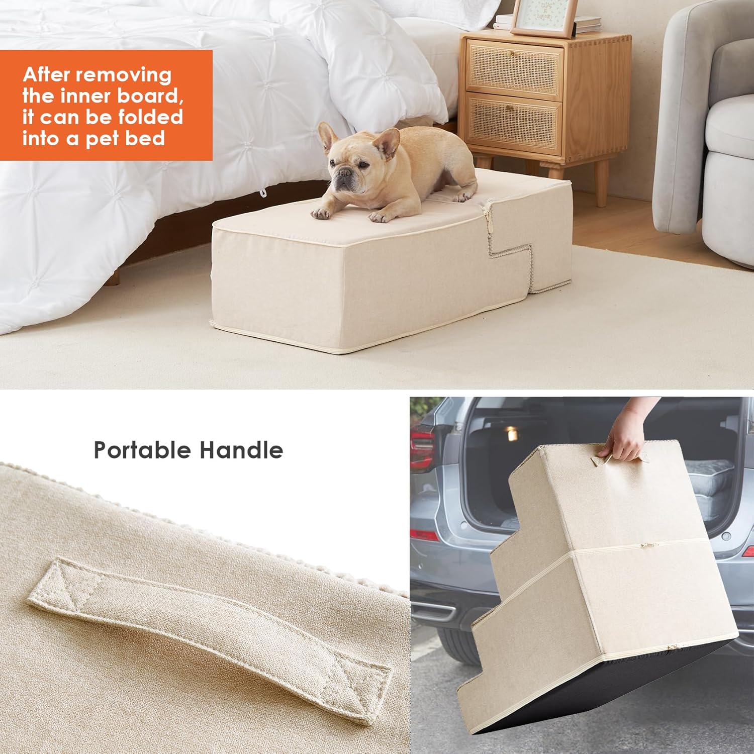 EHEYCIGA Dog Stairs for Bed 20" H, 4-Step Extra Wide Dog Steps for High Bed, Pet Steps for Small Dogs and Cats, Non-Slip Balanced Pet Ramp Indoor, Beige