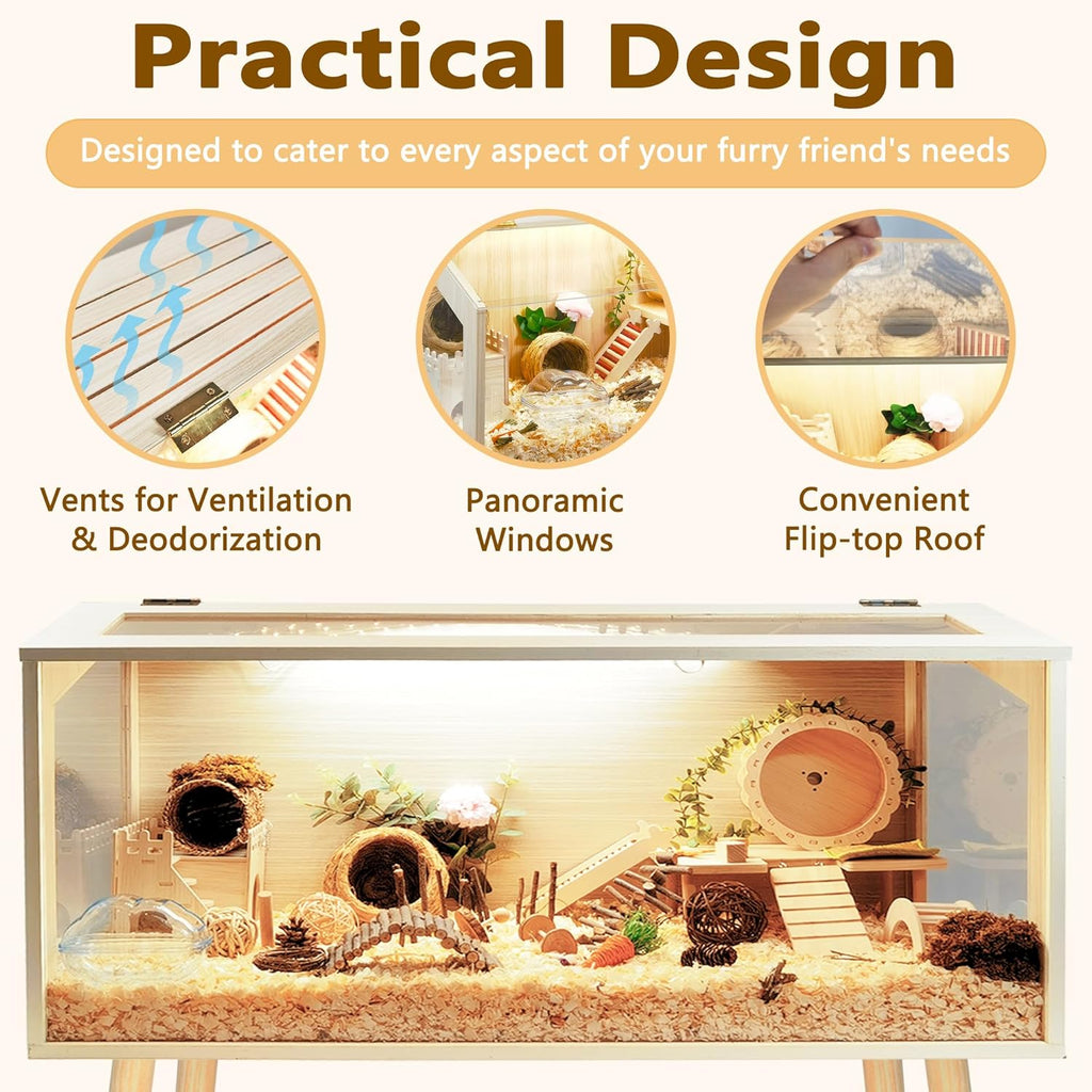 Prolee Hamster Cage Wooden Chew Proof, Extra Large Mice and Rat Habitat Openable Top with Acrylic Sheets Solid Built Small Animal Cage with Leg Stands, 48 Inch Long
