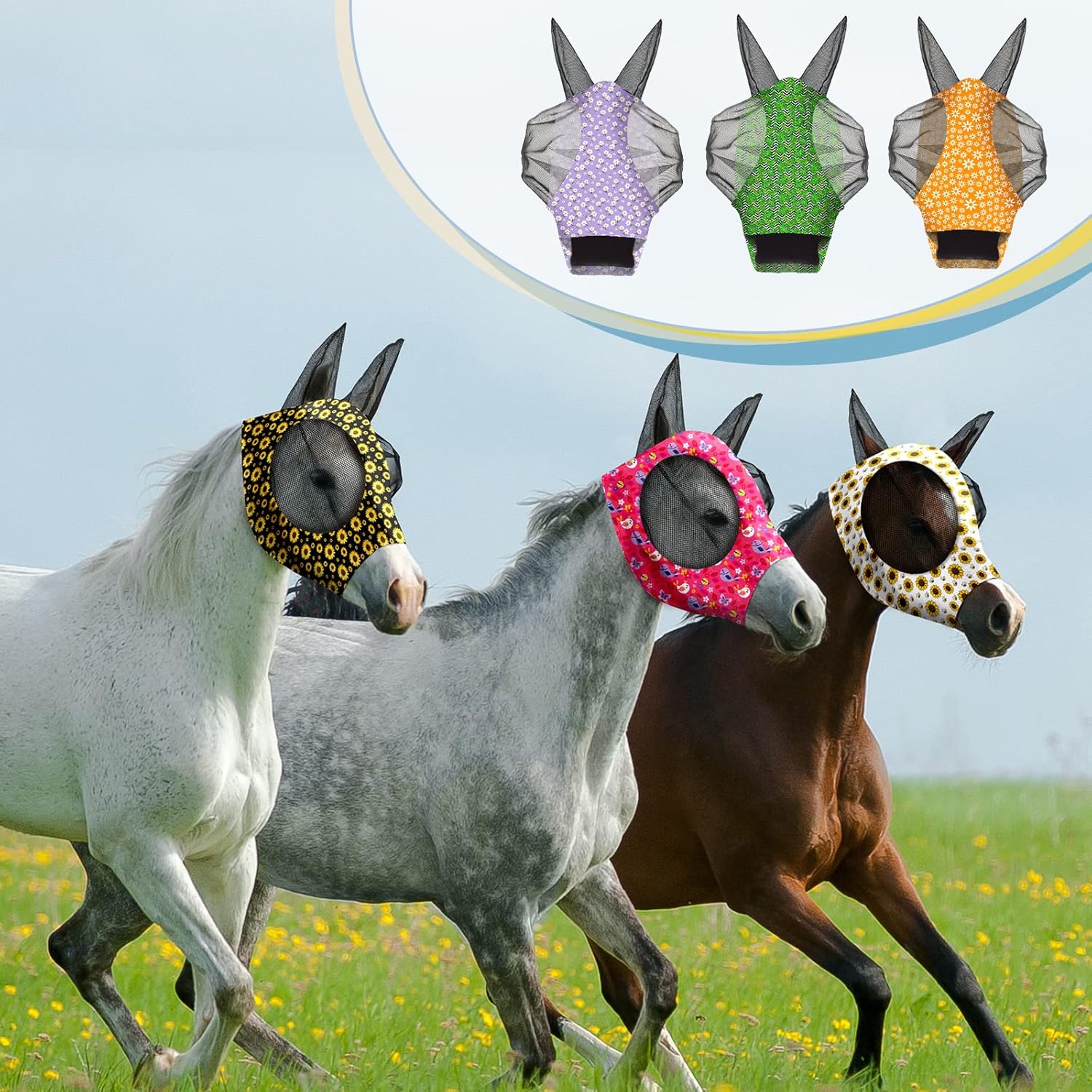 Qualirey12 Pieces Horse Fly Mask Bulk Comfortable Elasticity Mask for Horses with Ears Net UV Protection Breathable Horse Supplies Face Covering for Horse Pony and Foal (Flower Patterns, Large)