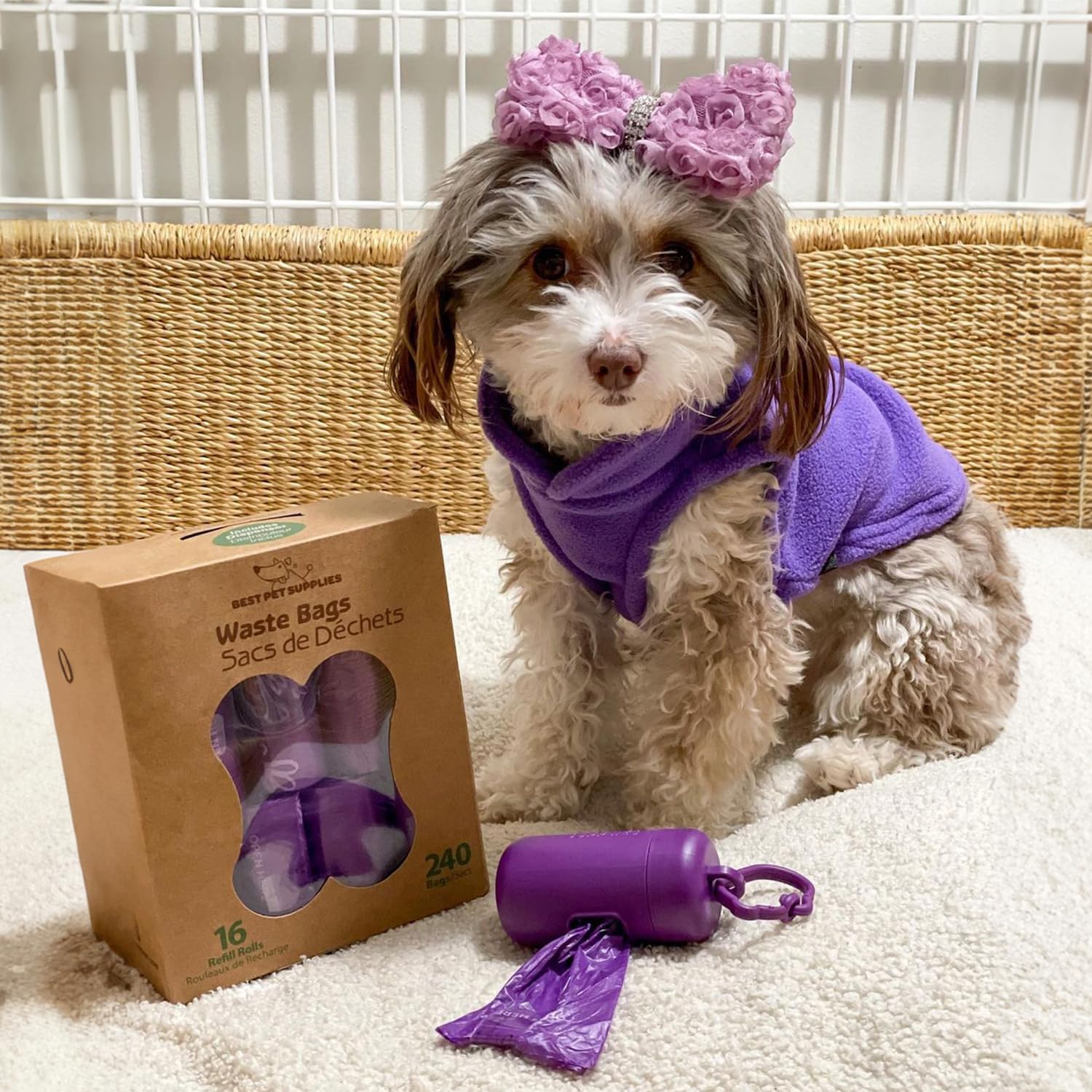 Best Pet Supplies Dog Poop Bags (240 Bags) for Waste Refuse Cleanup, Doggy Roll Replacements for Outdoor Puppy Walking and Travel, Leak Proof and Tear Resistant, Thick Plastic - Purple