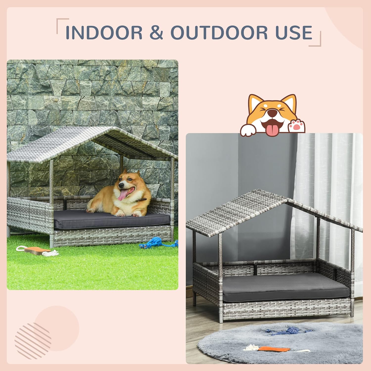 PawHut Wicker Dog House Outdoor with Canopy, Rattan Dog Bed with Water-Resistant Cushion, Raised Dog Bed for Small, Medium Dogs up to 66 lbs, 19.75" in Length, Gradient Gray Wicker & Cushion