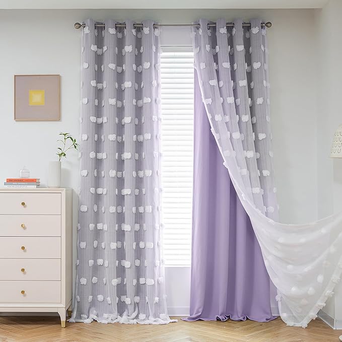 MYSKY HOME Light Blocking Lilac Curtains for Living Room White Sheer Pom Pom Kids Room Decor Drapes 102 Inches Long Double Layer Curtain for Sliding Door Grommet Window Panels Set of 2 52" x 102"