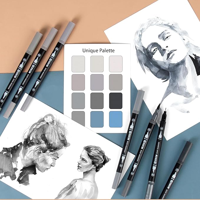 Gray Duo Tip Marker Pens, 12 Pack Fine & Brush Markers for Adult Coloring Books No Bleeding, Neutral Gray Markers for Shading, Urban Sketches, Architectural Drawings and Realistic Textures