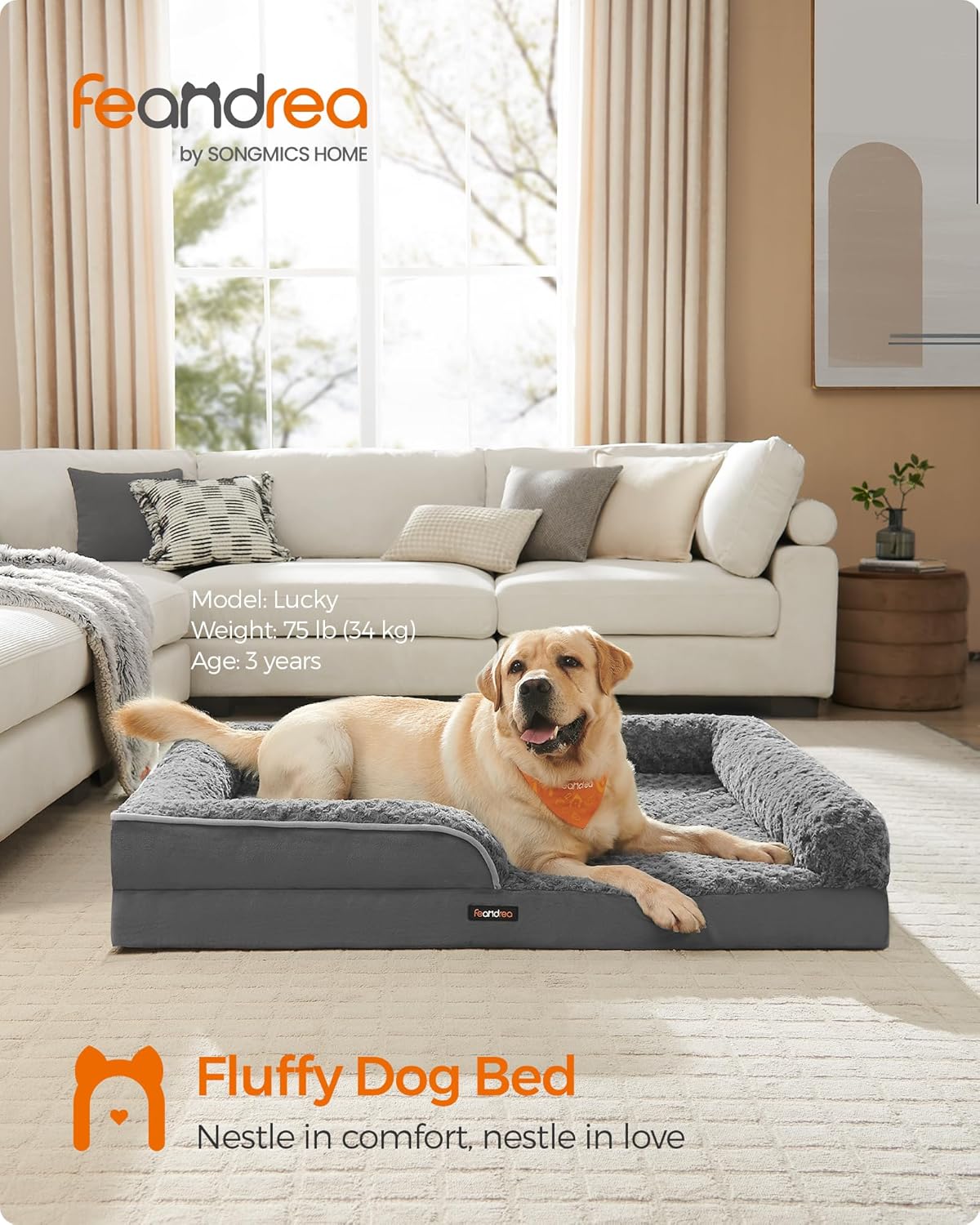 Feandrea Orthopaedic Dog Bed for Large Dogs, Waterproof Dog Sofa Bed with Removable Washable Cover, 42 x 32 x 7 Inches, Slate Gray UPGW253G02
