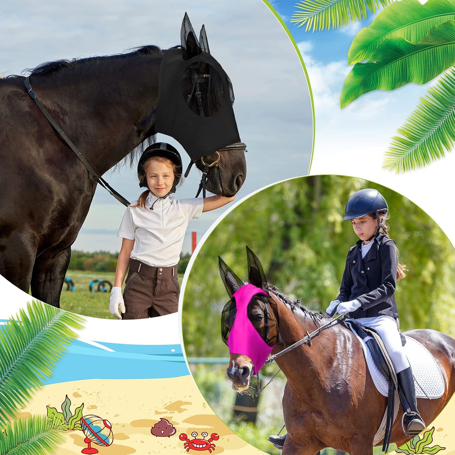 Frienda 4 Pcs Horse Fly Masks with Ears Head Fly Masks for Horses Smooth Elastic UV Protection Cover from Summer Insect Pests(Medium,Purple, Blue, Pink, Black)