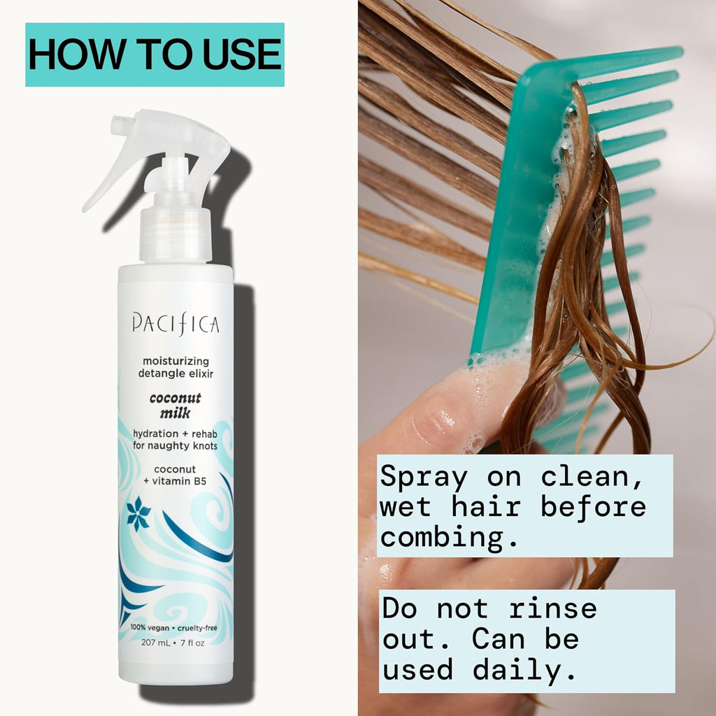 Pacifica Coconut Milk Hair Detangler Spray - Leave In Conditioner Spray, Detangling Elixir Suitable for All Types, Fine and Curly Hair Products, Smoothing, Moisturizing, and Anti-Frizz - 207 mL