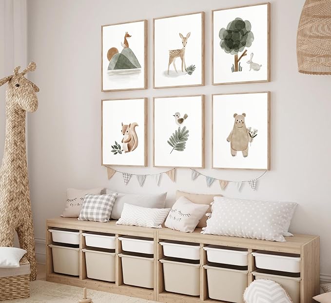 6 Pieces Woodland Nursery Canvas Wall Art Neutral Sage Green Bohemian Minimalist Forest Animals Paintings Pictures Wall Decor Poster Print Artwork For Kids Room Baby Room Boys Girls Bedroom Frameless